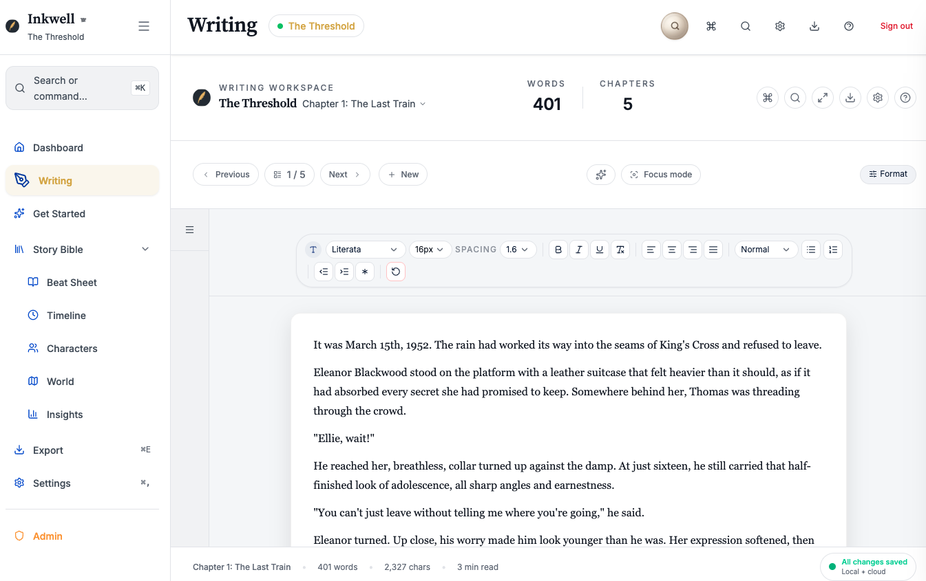 Inkwell writing workspace with chapter navigation, formatting tools, and focus mode