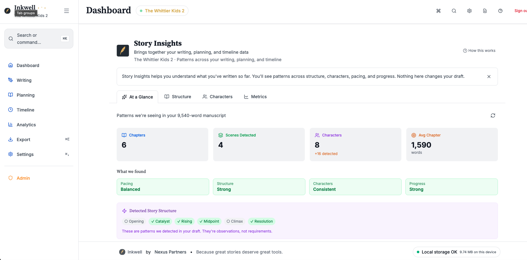 Story Insights dashboard showing pacing signals and character presence across chapters